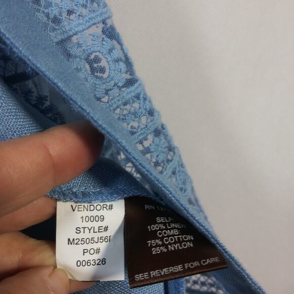 Multiples Blue Linen Open Front Crochet Jacket Cardigan Size Small - Picture 8 of 8